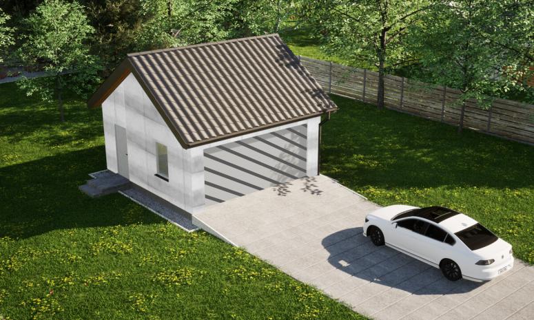 Garaż ERDOL G2 - Wersja lewa - Układ kalenicy równoległy z dachem dwuspadowym o kącie nachylenia 35 stopni - Bez bramy - Bez styropianu, siatki i kleju - Biały