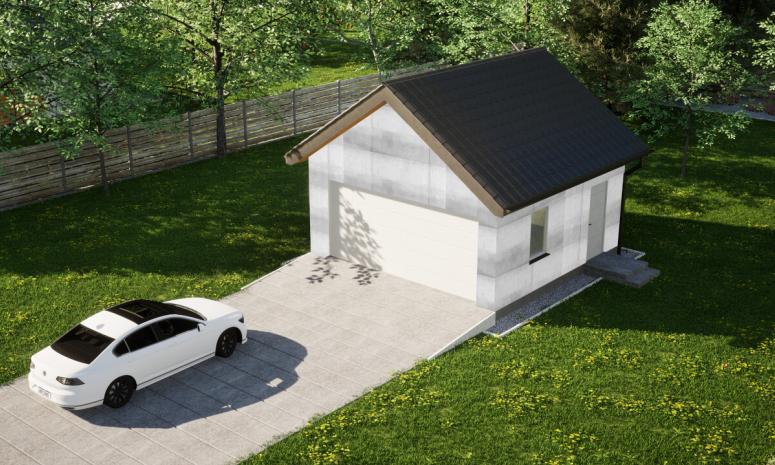 Garaż ERDOL G2 - Wersja prawa - Układ kalenicy prostopadły z dachem dwuspadowym o kącie nachylenia 35 stopni - Brama segmentowa z napędem IO, sterowana pilotem - UniPro WIŚNIOWSKI - Bez styropianu, siatki i kleju - Biały