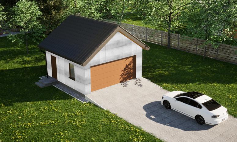 Garaż ERDOL G2 - Wersja lewa - Układ kalenicy prostopadły z dachem dwuspadowym o kącie nachylenia 35 stopni - Brama segmentowa z napędem IO, sterowana pilotem - UniPro WIŚNIOWSKI - Bez styropianu, siatki i kleju - Złoty dąb