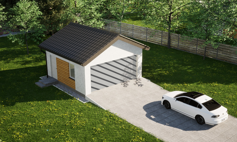 Garaż ERDOL G2 - Wersja lewa - Układ kalenicy prostopadły z dachem dwuspadowym o kącie nachylenia 25 stopni - Bez bramy - Styropian, siatka i klej - Biały