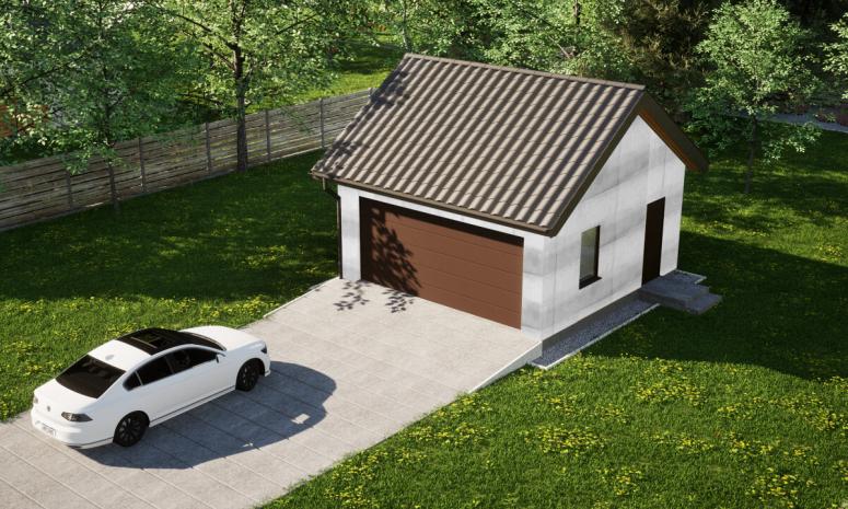 Garaż ERDOL G2 - Wersja prawa - Układ kalenicy równoległy z dachem dwuspadowym o kącie nachylenia 35 stopni - Brama segmentowa z napędem IO, sterowana pilotem - UniPro WIŚNIOWSKI - Bez styropianu, siatki i kleju - Orzech
