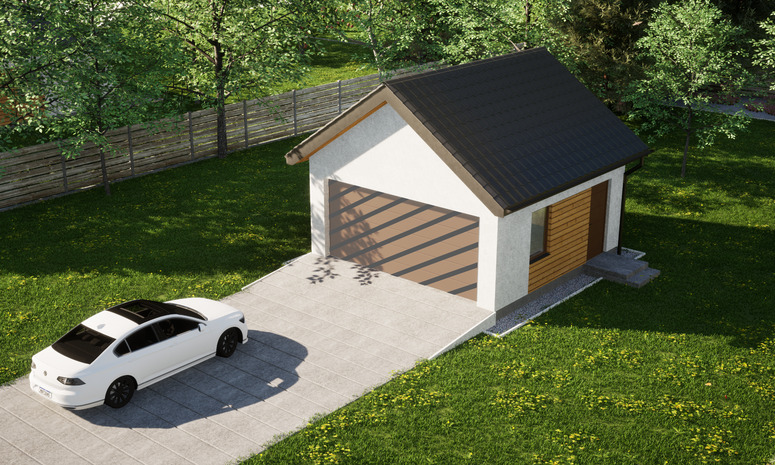 Garaż ERDOL G2 - Wersja prawa - Układ kalenicy prostopadły z dachem dwuspadowym o kącie nachylenia 35 stopni - Bez bramy - Styropian, siatka i klej - Złoty dąb