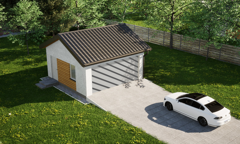 Garaż ERDOL G2 - Wersja lewa - Układ kalenicy równoległy z dachem dwuspadowym o kącie nachylenia 25 stopni - Bez bramy - Styropian, siatka i klej - Biały