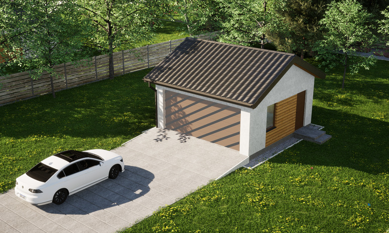 Garaż ERDOL G2 - Wersja prawa - Układ kalenicy równoległy z dachem dwuspadowym o kącie nachylenia 25 stopni - Bez bramy - Styropian, siatka i klej - Złoty dąb