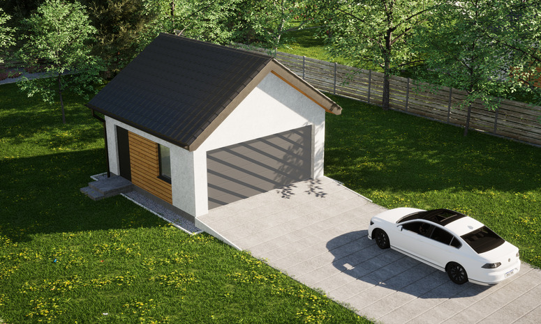 Garaż ERDOL G2 - Wersja lewa - Układ kalenicy prostopadły z dachem dwuspadowym o kącie nachylenia 35 stopni - Bez bramy - Styropian, siatka i klej - Antracyt