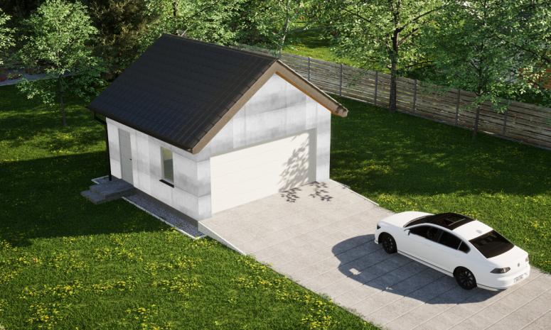 Garaż ERDOL G2 - Wersja lewa - Układ kalenicy prostopadły z dachem dwuspadowym o kącie nachylenia 35 stopni - Brama segmentowa z napędem IO, sterowana pilotem - UniPro WIŚNIOWSKI - Bez styropianu, siatki i kleju - Biały