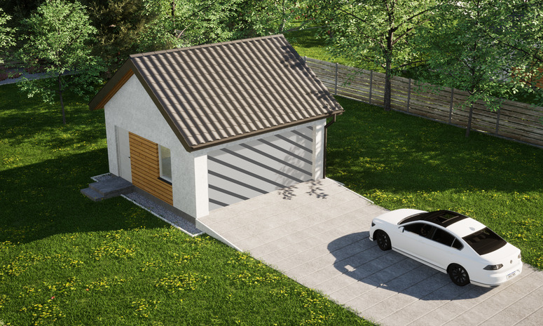 Garaż ERDOL G2 - Wersja lewa - Układ kalenicy równoległy z dachem dwuspadowym o kącie nachylenia 35 stopni - Bez bramy - Styropian, siatka i klej - Biały