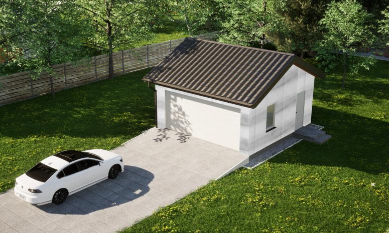 Garaż ERDOL G2 - Wersja prawa - Układ kalenicy równoległy z dachem dwuspadowym o kącie nachylenia 25 stopni - Brama segmentowa z napędem IO, sterowana pilotem - UniPro WIŚNIOWSKI - Bez styropianu, siatki i kleju - Biały