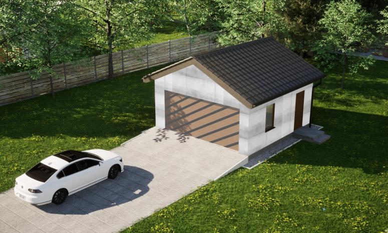 Garaż ERDOL G2 - Wersja prawa - Układ kalenicy prostopadły z dachem dwuspadowym o kącie nachylenia 25 stopni - Bez bramy - Bez styropianu, siatki i kleju - Złoty dąb