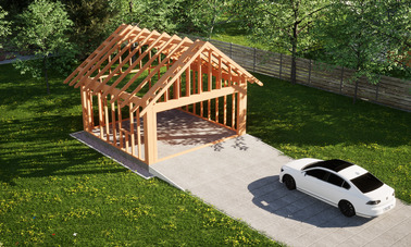 Widok konstrukcji: Garaż ERDOL G2 - Wersja lewa - Układ kalenicy prostopadły z dachem dwuspadowym o kącie nachylenia 35 stopni