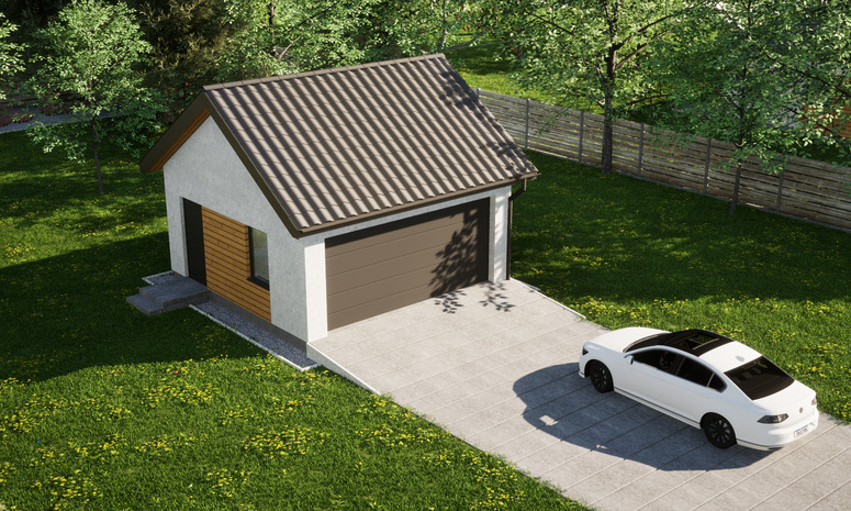 Garaż ERDOL G2 - Wersja lewa - Układ kalenicy równoległy z dachem dwuspadowym o kącie nachylenia 35 stopni - Brama segmentowa z napędem IO, sterowana pilotem - UniPro WIŚNIOWSKI - Styropian, siatka i klej - Antracyt