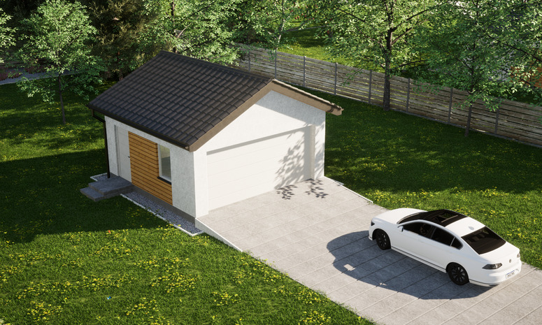 Garaż ERDOL G2 - Wersja lewa - Układ kalenicy prostopadły z dachem dwuspadowym o kącie nachylenia 25 stopni - Brama segmentowa z napędem IO, sterowana pilotem - UniPro WIŚNIOWSKI - Styropian, siatka i klej - Biały