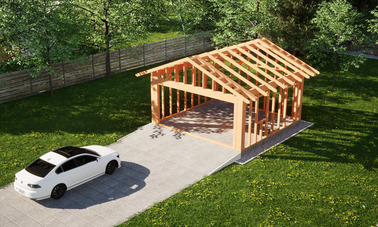 Widok konstrukcji: Garaż ERDOL G2 - Wersja prawa - Układ kalenicy prostopadły z dachem dwuspadowym o kącie nachylenia 25 stopni
