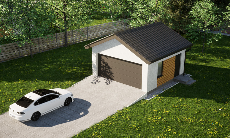 Garaż ERDOL G2 - Wersja prawa - Układ kalenicy prostopadły z dachem dwuspadowym o kącie nachylenia 25 stopni - Brama segmentowa z napędem IO, sterowana pilotem - UniPro WIŚNIOWSKI - Styropian, siatka i klej - Antracyt