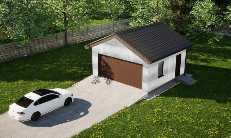 Garaż ERDOL G2 - Wersja prawa - Układ kalenicy prostopadły z dachem dwuspadowym o kącie nachylenia 25 stopni - Brama segmentowa z napędem IO, sterowana pilotem - UniPro WIŚNIOWSKI - Bez styropianu, siatki i kleju - Orzech