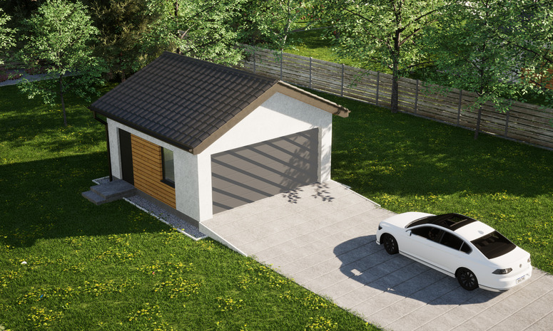 Garaż ERDOL G2 - Wersja lewa - Układ kalenicy prostopadły z dachem dwuspadowym o kącie nachylenia 25 stopni - Bez bramy - Styropian, siatka i klej - Antracyt