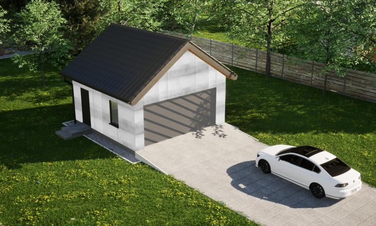Garaż ERDOL G2 - Wersja lewa - Układ kalenicy prostopadły z dachem dwuspadowym o kącie nachylenia 35 stopni - Bez bramy - Bez styropianu, siatki i kleju - Antracyt