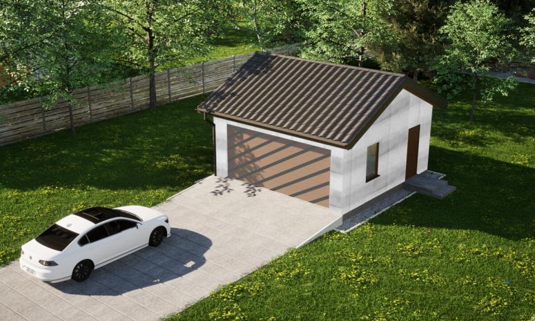 Garaż ERDOL G2 - Wersja prawa - Układ kalenicy równoległy z dachem dwuspadowym o kącie nachylenia 25 stopni - Bez bramy - Bez styropianu, siatki i kleju - Złoty dąb