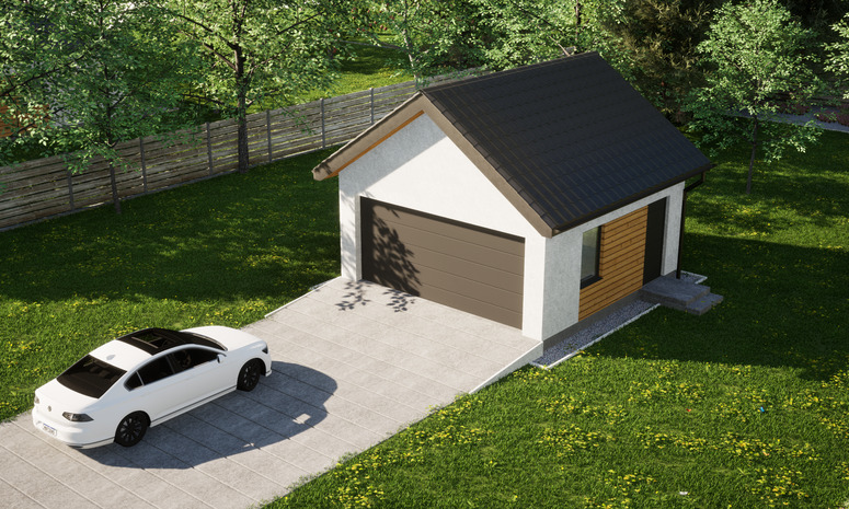 Garaż ERDOL G2 - Wersja prawa - Układ kalenicy prostopadły z dachem dwuspadowym o kącie nachylenia 35 stopni - Brama segmentowa z napędem IO, sterowana pilotem - UniPro WIŚNIOWSKI - Styropian, siatka i klej - Antracyt
