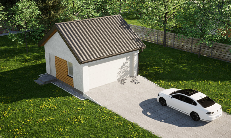Garaż ERDOL G2 - Wersja lewa - Układ kalenicy równoległy z dachem dwuspadowym o kącie nachylenia 35 stopni - Brama segmentowa z napędem IO, sterowana pilotem - UniPro WIŚNIOWSKI - Styropian, siatka i klej - Biały