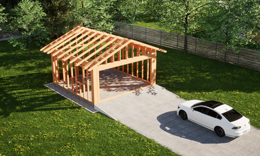 Widok konstrukcji: Garaż ERDOL G2 - Wersja lewa - Układ kalenicy prostopadły z dachem dwuspadowym o kącie nachylenia 25 stopni