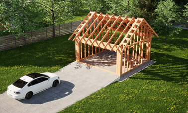 Widok konstrukcji: Garaż ERDOL G2 - Wersja prawa - Układ kalenicy równoległy z dachem dwuspadowym o kącie nachylenia 35 stopni