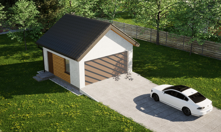 Garaż ERDOL G2 - Wersja lewa - Układ kalenicy prostopadły z dachem dwuspadowym o kącie nachylenia 35 stopni - Bez bramy - Styropian, siatka i klej - Złoty dąb