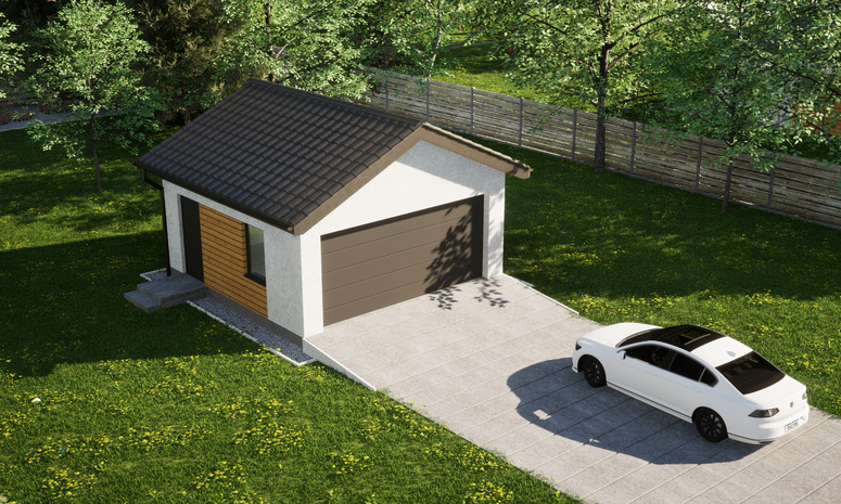 Garaż ERDOL G2 - Wersja lewa - Układ kalenicy prostopadły z dachem dwuspadowym o kącie nachylenia 25 stopni - Brama segmentowa z napędem IO, sterowana pilotem - UniPro WIŚNIOWSKI - Styropian, siatka i klej - Antracyt