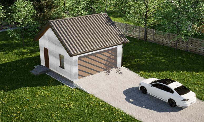 Garaż ERDOL G2 - Wersja lewa - Układ kalenicy równoległy z dachem dwuspadowym o kącie nachylenia 35 stopni - Bez bramy - Bez styropianu, siatki i kleju - Złoty dąb