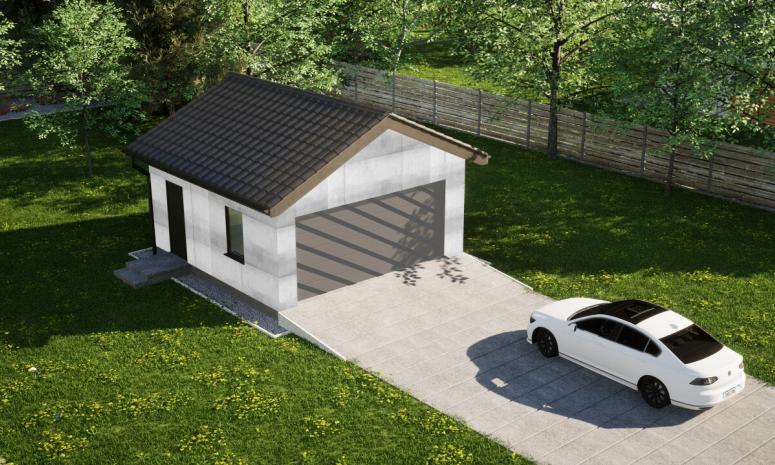 Garaż ERDOL G2 - Wersja lewa - Układ kalenicy prostopadły z dachem dwuspadowym o kącie nachylenia 25 stopni - Bez bramy - Bez styropianu, siatki i kleju - Antracyt