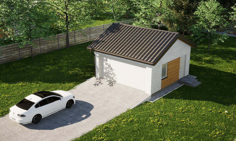 Garaż ERDOL G2 - Wersja prawa - Układ kalenicy równoległy z dachem dwuspadowym o kącie nachylenia 25 stopni - Brama segmentowa z napędem IO, sterowana pilotem - UniPro WIŚNIOWSKI - Styropian, siatka i klej - Biały