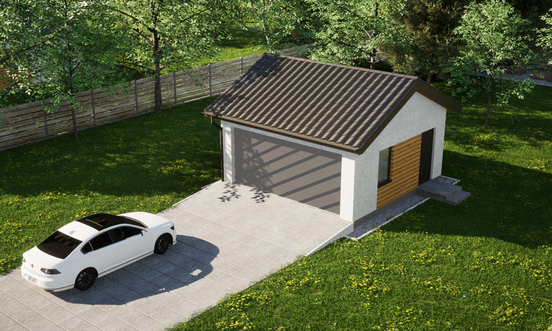 Garaż ERDOL G2 - Wersja prawa - Układ kalenicy równoległy z dachem dwuspadowym o kącie nachylenia 25 stopni - Bez bramy - Styropian, siatka i klej - Antracyt