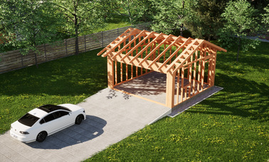Widok konstrukcji: Garaż ERDOL G2 - Wersja prawa - Układ kalenicy równoległy z dachem dwuspadowym o kącie nachylenia 25 stopni