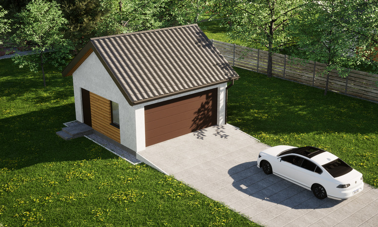 Garaż ERDOL G2 - Wersja lewa - Układ kalenicy równoległy z dachem dwuspadowym o kącie nachylenia 35 stopni - Brama segmentowa z napędem IO, sterowana pilotem - UniPro WIŚNIOWSKI - Styropian, siatka i klej - Orzech