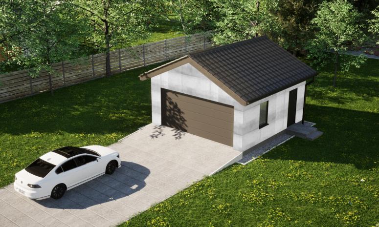 Garaż ERDOL G2 - Wersja prawa - Układ kalenicy prostopadły z dachem dwuspadowym o kącie nachylenia 25 stopni - Brama segmentowa z napędem IO, sterowana pilotem - UniPro WIŚNIOWSKI - Bez styropianu, siatki i kleju - Antracyt