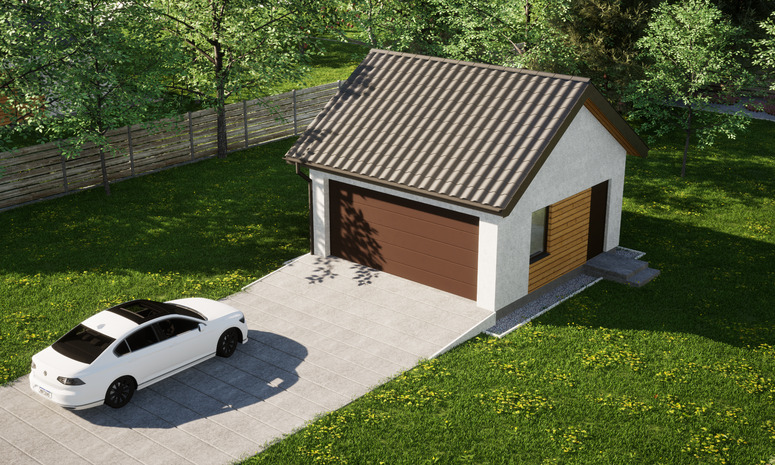 Garaż ERDOL G2 - Wersja prawa - Układ kalenicy równoległy z dachem dwuspadowym o kącie nachylenia 35 stopni - Brama segmentowa z napędem IO, sterowana pilotem - UniPro WIŚNIOWSKI - Styropian, siatka i klej - Orzech