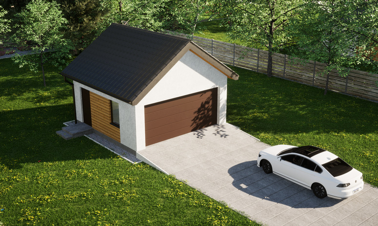 Garaż ERDOL G2 - Wersja lewa - Układ kalenicy prostopadły z dachem dwuspadowym o kącie nachylenia 35 stopni - Brama segmentowa z napędem IO, sterowana pilotem - UniPro WIŚNIOWSKI - Styropian, siatka i klej - Orzech