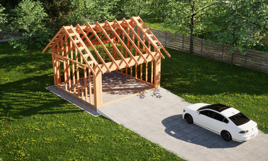 Widok konstrukcji: Garaż ERDOL G2 - Wersja lewa - Układ kalenicy równoległy z dachem dwuspadowym o kącie nachylenia 35 stopni