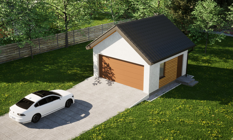 Garaż ERDOL G2 - Wersja prawa - Układ kalenicy prostopadły z dachem dwuspadowym o kącie nachylenia 35 stopni - Brama segmentowa z napędem IO, sterowana pilotem - UniPro WIŚNIOWSKI - Styropian, siatka i klej - Złoty dąb