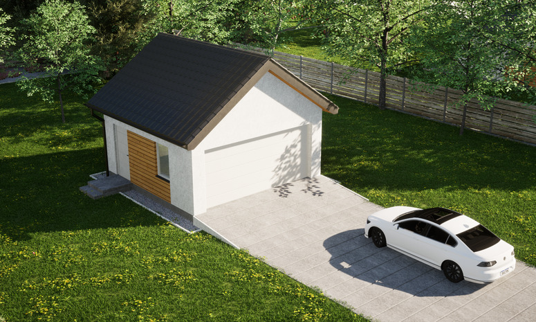 Garaż ERDOL G2 - Wersja lewa - Układ kalenicy prostopadły z dachem dwuspadowym o kącie nachylenia 35 stopni - Brama segmentowa z napędem IO, sterowana pilotem - UniPro WIŚNIOWSKI - Styropian, siatka i klej - Biały