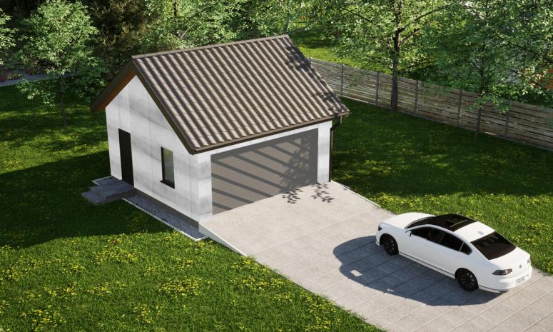Garaż ERDOL G2 - Wersja lewa - Układ kalenicy równoległy z dachem dwuspadowym o kącie nachylenia 35 stopni - Bez bramy - Bez styropianu, siatki i kleju - Antracyt