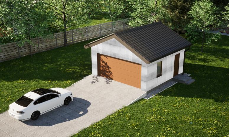 Garaż ERDOL G2 - Wersja prawa - Układ kalenicy prostopadły z dachem dwuspadowym o kącie nachylenia 25 stopni - Brama segmentowa z napędem IO, sterowana pilotem - UniPro WIŚNIOWSKI - Bez styropianu, siatki i kleju - Złoty dąb