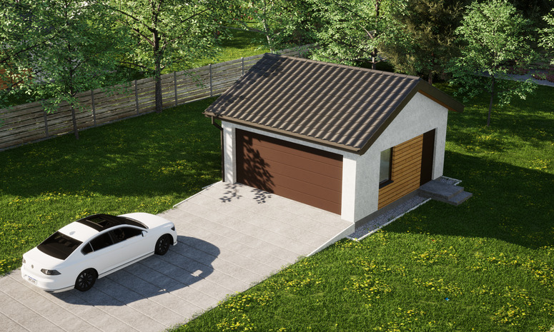 Garaż ERDOL G2 - Wersja prawa - Układ kalenicy równoległy z dachem dwuspadowym o kącie nachylenia 25 stopni - Brama segmentowa z napędem IO, sterowana pilotem - UniPro WIŚNIOWSKI - Styropian, siatka i klej - Orzech
