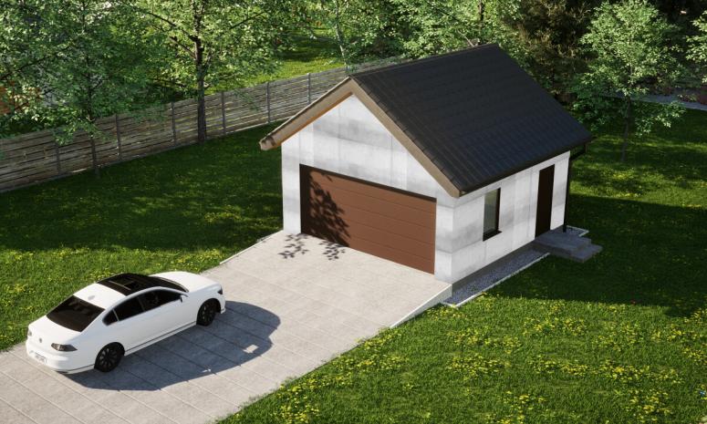 Garaż ERDOL G2 - Wersja prawa - Układ kalenicy prostopadły z dachem dwuspadowym o kącie nachylenia 35 stopni - Brama segmentowa z napędem IO, sterowana pilotem - UniPro WIŚNIOWSKI - Bez styropianu, siatki i kleju - Orzech