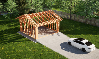 Widok konstrukcji: Garaż ERDOL G2 - Wersja lewa - Układ kalenicy równoległy z dachem dwuspadowym o kącie nachylenia 25 stopni