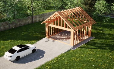 Widok konstrukcji: Garaż ERDOL G2 - Wersja prawa - Układ kalenicy prostopadły z dachem dwuspadowym o kącie nachylenia 35 stopni