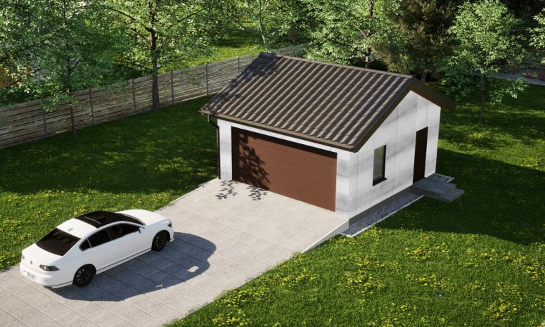 Garaż ERDOL G2 - Wersja prawa - Układ kalenicy równoległy z dachem dwuspadowym o kącie nachylenia 25 stopni - Brama segmentowa z napędem IO, sterowana pilotem - UniPro WIŚNIOWSKI - Bez styropianu, siatki i kleju - Orzech
