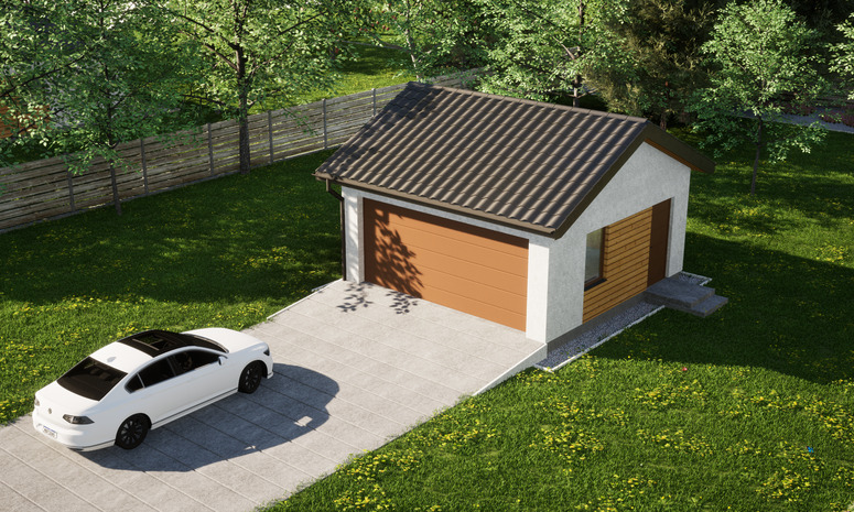 Garaż ERDOL G2 - Wersja prawa - Układ kalenicy równoległy z dachem dwuspadowym o kącie nachylenia 25 stopni - Brama segmentowa z napędem IO, sterowana pilotem - UniPro WIŚNIOWSKI - Styropian, siatka i klej - Złoty dąb