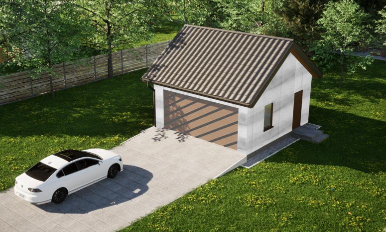 Garaż ERDOL G2 - Wersja prawa - Układ kalenicy równoległy z dachem dwuspadowym o kącie nachylenia 35 stopni - Bez bramy - Bez styropianu, siatki i kleju - Złoty dąb