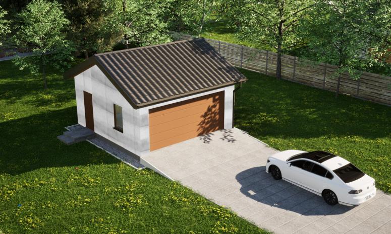 Garaż ERDOL G2 - Wersja lewa - Układ kalenicy równoległy z dachem dwuspadowym o kącie nachylenia 25 stopni - Brama segmentowa z napędem IO, sterowana pilotem - UniPro WIŚNIOWSKI - Bez styropianu, siatki i kleju - Złoty dąb